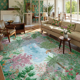 Covaba jungle botanical spring area rug in fern green, styled in a room setting, view 9