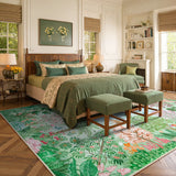 Covaba jungle botanical spring area rug in fern green, styled in a room setting, view 10