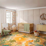 Covaba jungle fall sunrise area rug in amber clay, styled in a room setting, view 11