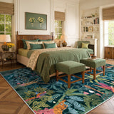 Covaba jungle midnight area rug in stormy blue, styled in a room setting, view 12