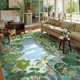 Covaba jungle tropical summer area rug in fern green, styled in a room setting, view 9