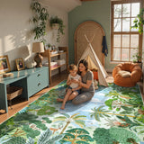 Covaba jungle tropical summer area rug in fern green, styled in a room setting, view 11