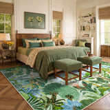 Covaba jungle tropical summer area rug in fern green, styled in a room setting, view 10