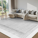 Covaba modern minimalist line area rug in pearl grey, styled in a room setting, view 5