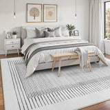 Covaba modern minimalist line area rug in pearl grey, styled in a room setting, view 6