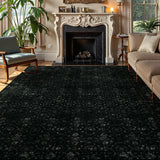 Covaba vintage persian distressed area rug in ink black, styled in a room setting, view 21