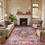 Covaba bohemian floral medallion area rug in faded rose, styled in a room setting, view 11