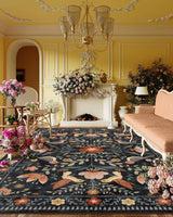 Covaba boho birdsong floral garden area rug in ink black, styled in a room setting, view 14