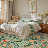 Covaba boho birdsong floral garden area rug in sage mist, styled in a room setting, view 9