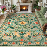 Covaba boho birdsong floral garden area rug in sage mist, styled in a room setting, view 7