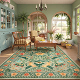 Covaba boho birdsong floral garden area rug in sage mist, styled in a room setting, view 8