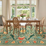 Covaba boho birdsong floral garden area rug in sage mist, styled in a room setting, view 10