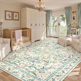 Covaba boho modern parisian garden floral area rug in warm beige, styled in a room setting, view 13