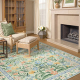 Covaba boho modern parisian garden floral area rug in fern green, styled in a room setting, view 13