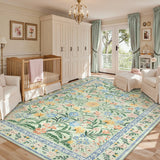Covaba boho modern parisian garden floral area rug in fern green, styled in a room setting, view 14