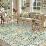 Covaba boho modern parisian garden floral area rug in fern green, styled in a room setting, view 12