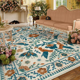 Covaba boho birdsong floral garden area rug in warm beige, styled in a room setting, view 5