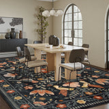Covaba boho birdsong floral garden area rug in ink black, styled in a room setting, view 6