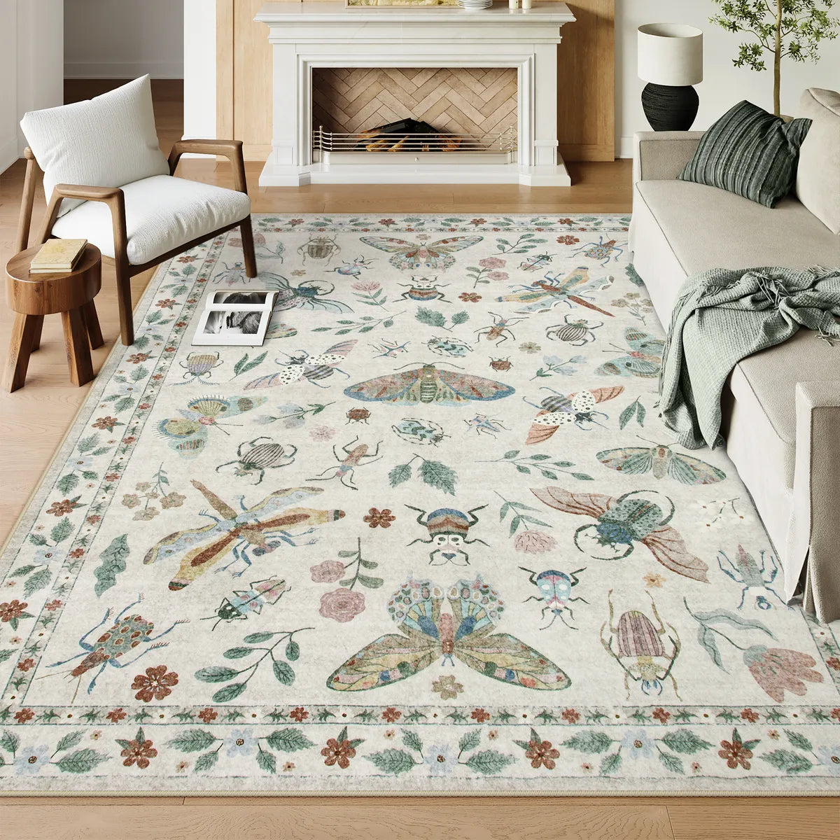 Covaba modern parisian insect area rug in warm beige, styled in a room setting