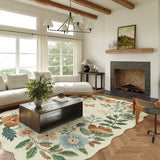Covaba boho modern parisian floral scalloped area rug in warm beige, styled in a room setting, view 9