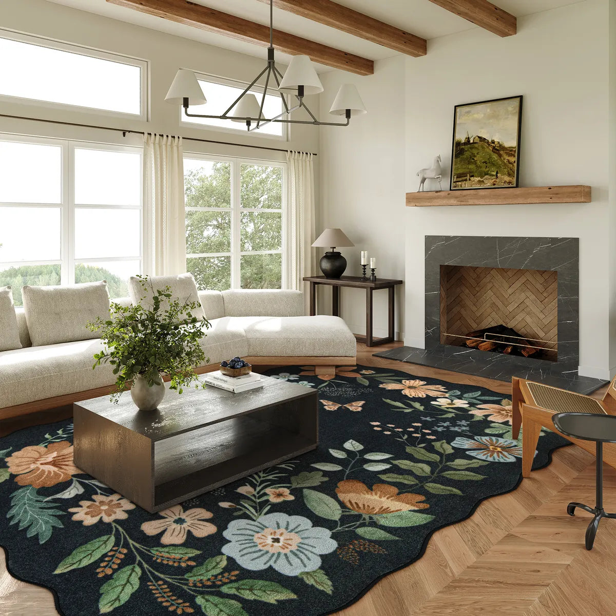 Covaba boho modern parisian floral scalloped area rug in ink black, styled in a room setting