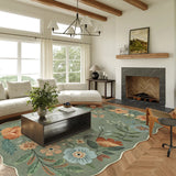 Covaba boho modern parisian floral scalloped area rug in fern green, styled in a room setting, view 7