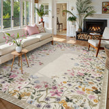Covaba modern blooming floral garden area rug in warm beige, styled in a room setting, view 6