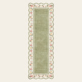 Covaba vintage floral scalloped runner rug in willow sage, shown flat on a plain ivory backdrop
