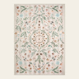 Covaba boho insect botanical floral area rug in warm beige, shown flat on a plain ivory backdrop
