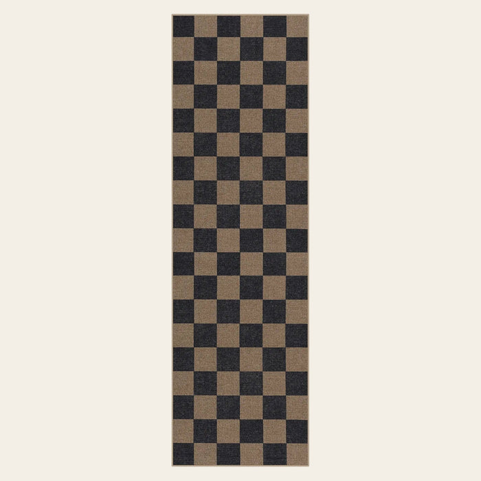 Covaba checkered easy jute indoor/outdoor runner rug in coffee brown, shown flat on a plain ivory backdrop
