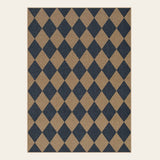 Covaba geometric checkered easy jute indoor/outdoor area rug in stormy blue, shown flat on a plain ivory backdrop