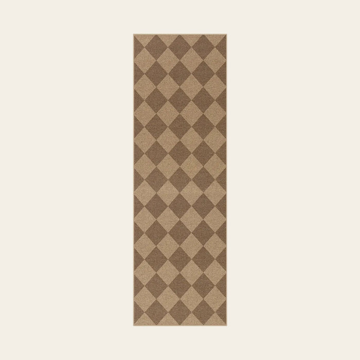 Covaba geometric checkered easy jute indoor/outdoor runner rug in dune khaki, shown flat on a plain ivory backdrop