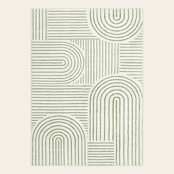 Covaba abstract rainbow stripe green/white area rug in fern green, shown flat on a plain ivory backdrop