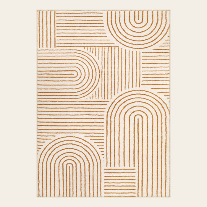 Covaba abstract rainbow stripe orange/white area rug in amber clay, shown flat on a plain ivory backdrop