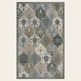 Covaba ultra-thin vintage floral moroccan trellis area rug in pearl grey, shown flat on a plain ivory backdrop
