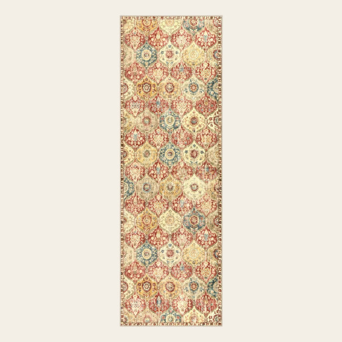 Covaba ultra-thin vintage floral moroccan trellis and runner rug in faded rose, shown flat on a plain ivory backdrop