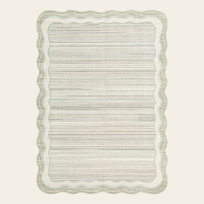Covaba modern abstract bordered scalloped area rug in warm beige, shown flat on a plain ivory backdrop