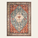 Covaba boho vintage tribal area rug in burnt rust, shown flat on a plain ivory backdrop