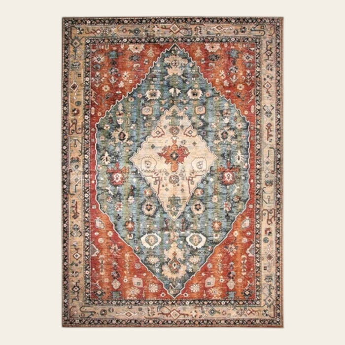Covaba boho vintage tribal area rug in burnt rust, shown flat on a plain ivory backdrop