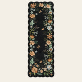 Covaba boho modern parisian floral scalloped runner rug in ink black, shown flat on a plain ivory backdrop
