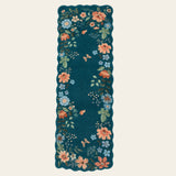 Covaba boho modern parisian floral scalloped runner rug in deep navy, shown flat on a plain ivory backdrop