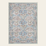 Covaba maximalism vintage french floral area rug in warm beige, shown flat on a plain ivory backdrop