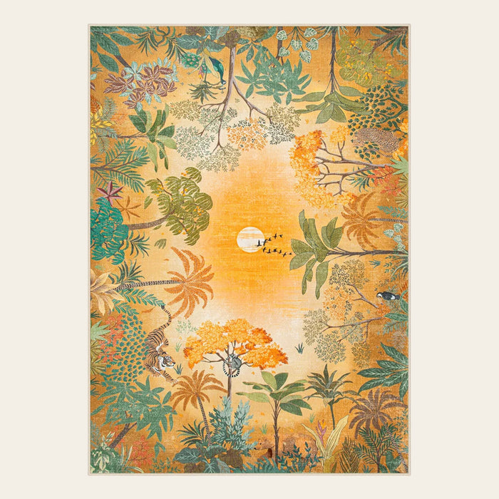 Covaba jungle fall sunrise area rug in amber clay, shown flat on a plain ivory backdrop