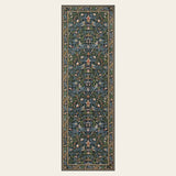 Covaba vintage floral bird royal runner rug in stormy blue, shown flat on a plain ivory backdrop