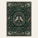 Covaba fantasy garden and unicorn area rug in forest fern, shown flat on a plain ivory backdrop