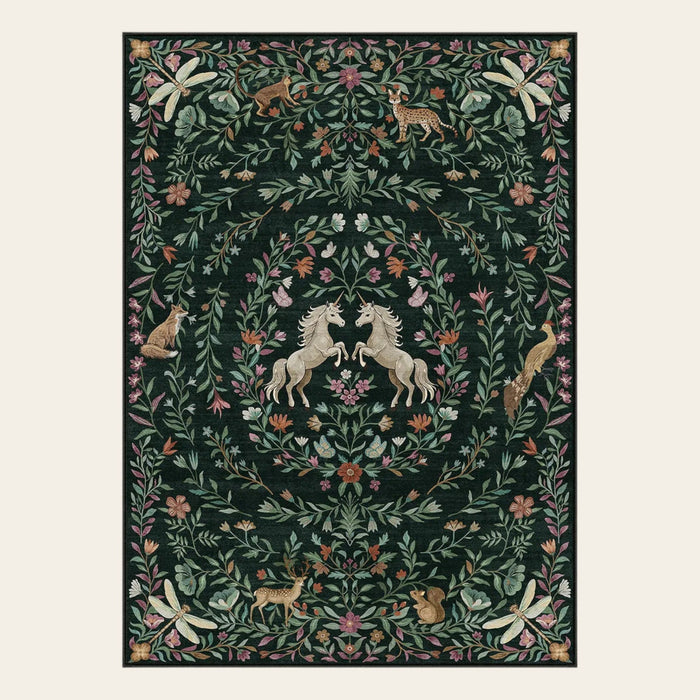 Covaba fantasy garden and unicorn area rug in forest fern, shown flat on a plain ivory backdrop
