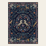 Covaba fantasy garden and unicorn area rug in deep navy, shown flat on a plain ivory backdrop