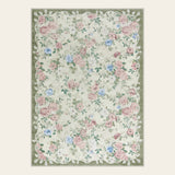 Covaba romantic vintage floral rose garden area rug in sage mist, shown flat on a plain ivory backdrop