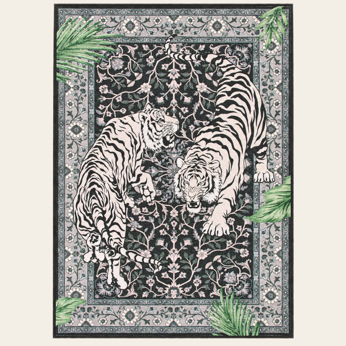 Covaba wild tiger area rug in ink black, shown flat on a plain ivory backdrop