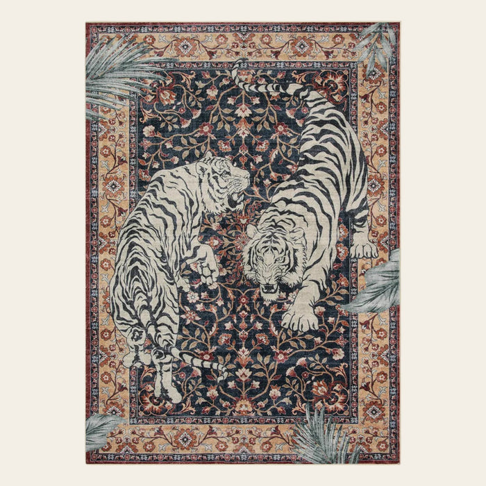 Covaba wild tiger area rug in coffee brown, shown flat on a plain ivory backdrop